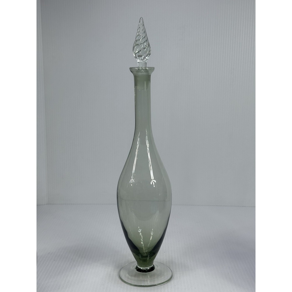 Vintage MCM Smoky Glass‎ Decanter Clear Twisted Teardrop Stopper Hand Blown